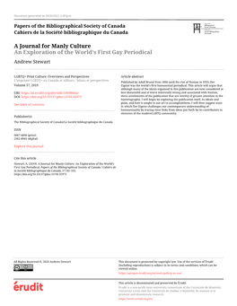 A Journal for Manly Culture: an Exploration of the World's First Gay