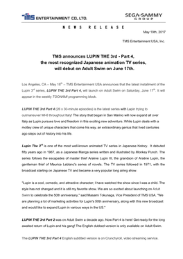 TMS Announces LUPIN the 3Rd - Part 4, the Most Recognized Japanese Animation TV Series, Will Debut on Adult Swim on June 17Th
