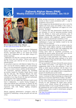 Pajhwok Afghan News (PAN) Weekly Election Coverage Newsletter, Jan.15-21