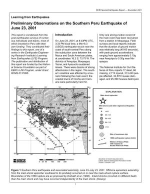 Preliminary Observations on the Southern Peru Earthquake of June 23, 2001