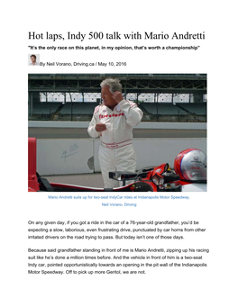 Hot Laps, Indy 500 Talk with Mario Andretti "It’S the Only Race on This Planet, in My Opinion, That’S Worth a Championship”