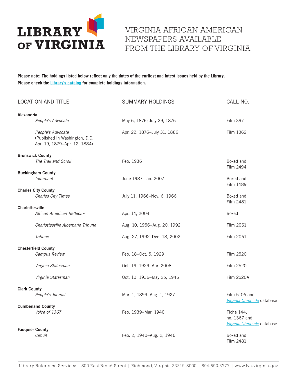 Virginia African American Newspapers Available from the Library of Virginia