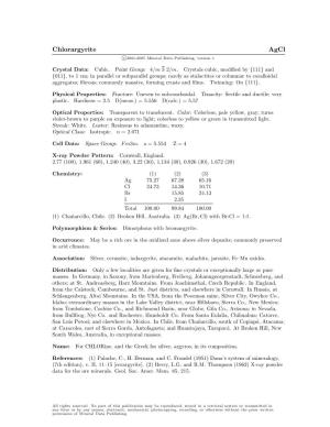 Chlorargyrite Agcl C 2001-2005 Mineral Data Publishing, Version 1