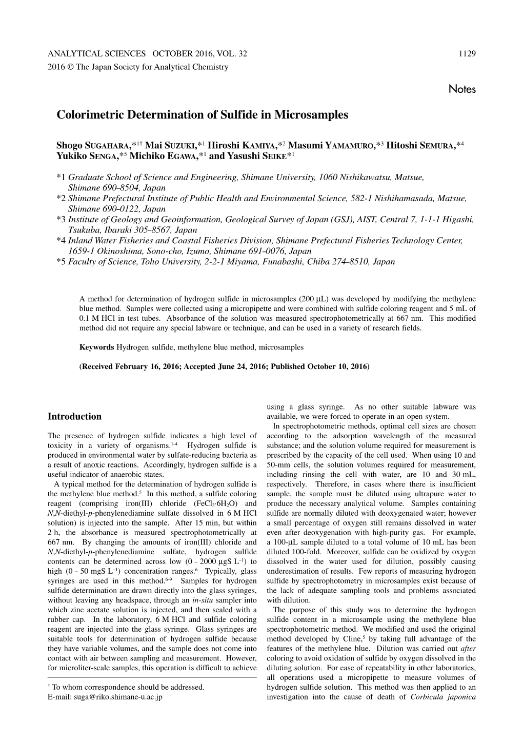 Colorimetric Determination of Sulfide in Microsamples