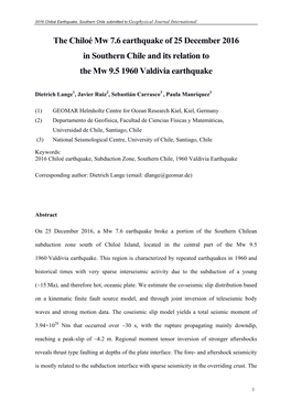 The Chiloé Mw 7.6 Earthquake of 25 December 2016 in Southern Chile and Its Relation to the Mw 9.5 1960 Valdivia Earthquake