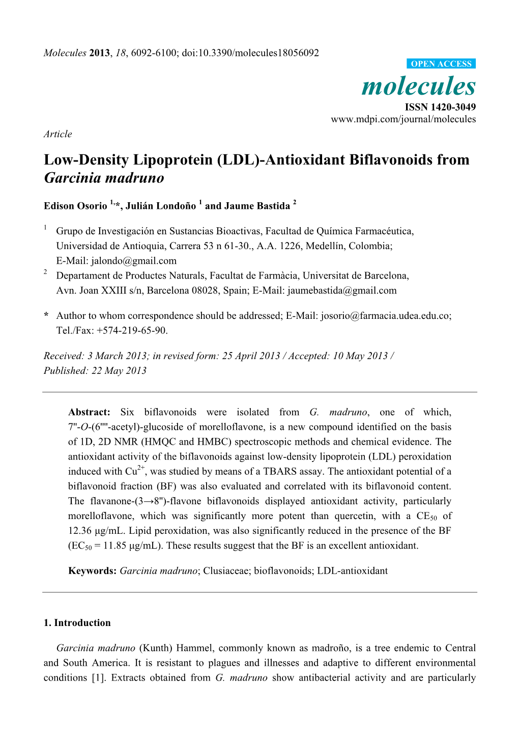 Antioxidant Biflavonoids from Garcinia Madruno