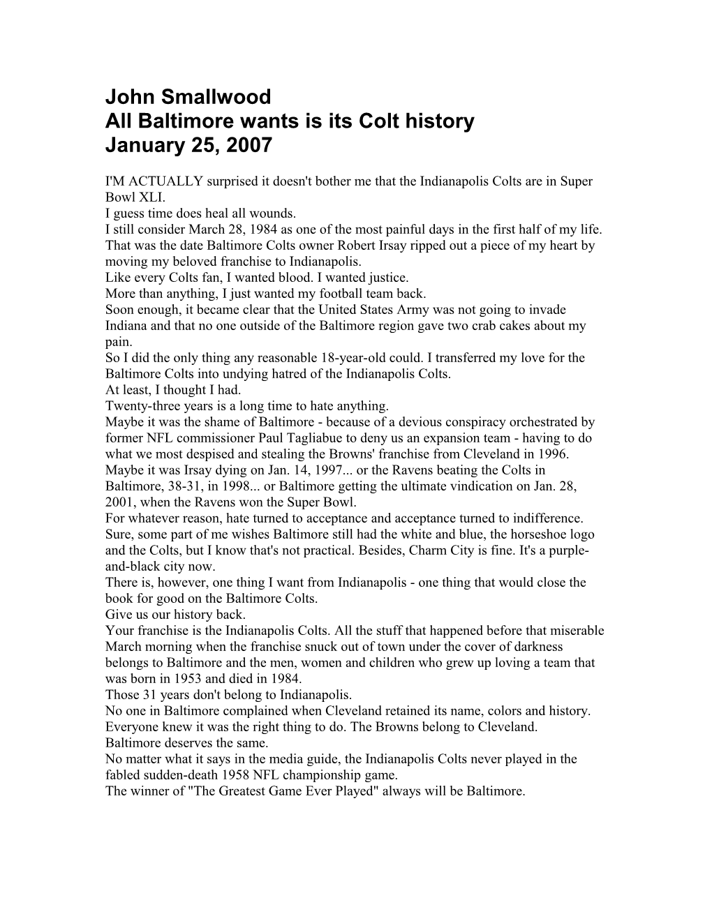 All Baltimore Wants Is Its Colt History