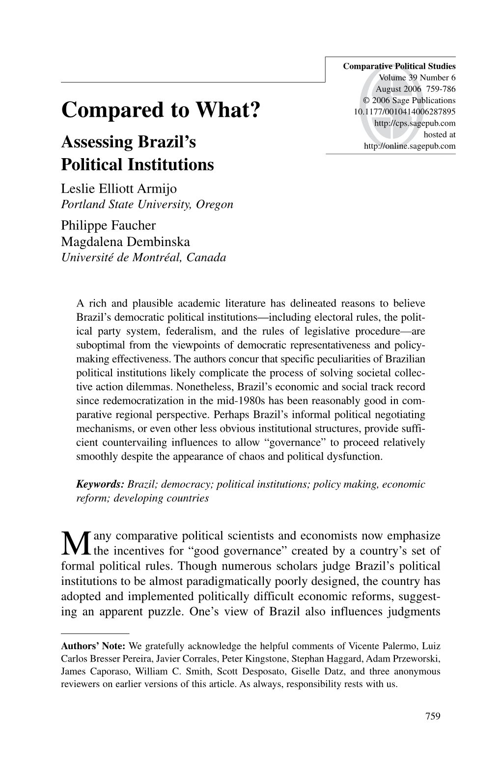 Assessing Brazil's Political Institutions