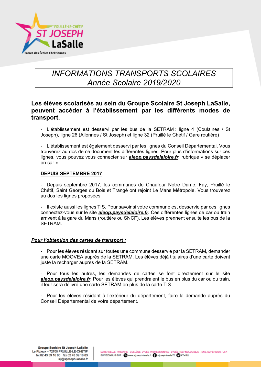 INFORMATIONS TRANSPORTS SCOLAIRES Année Scolaire 2019/2020