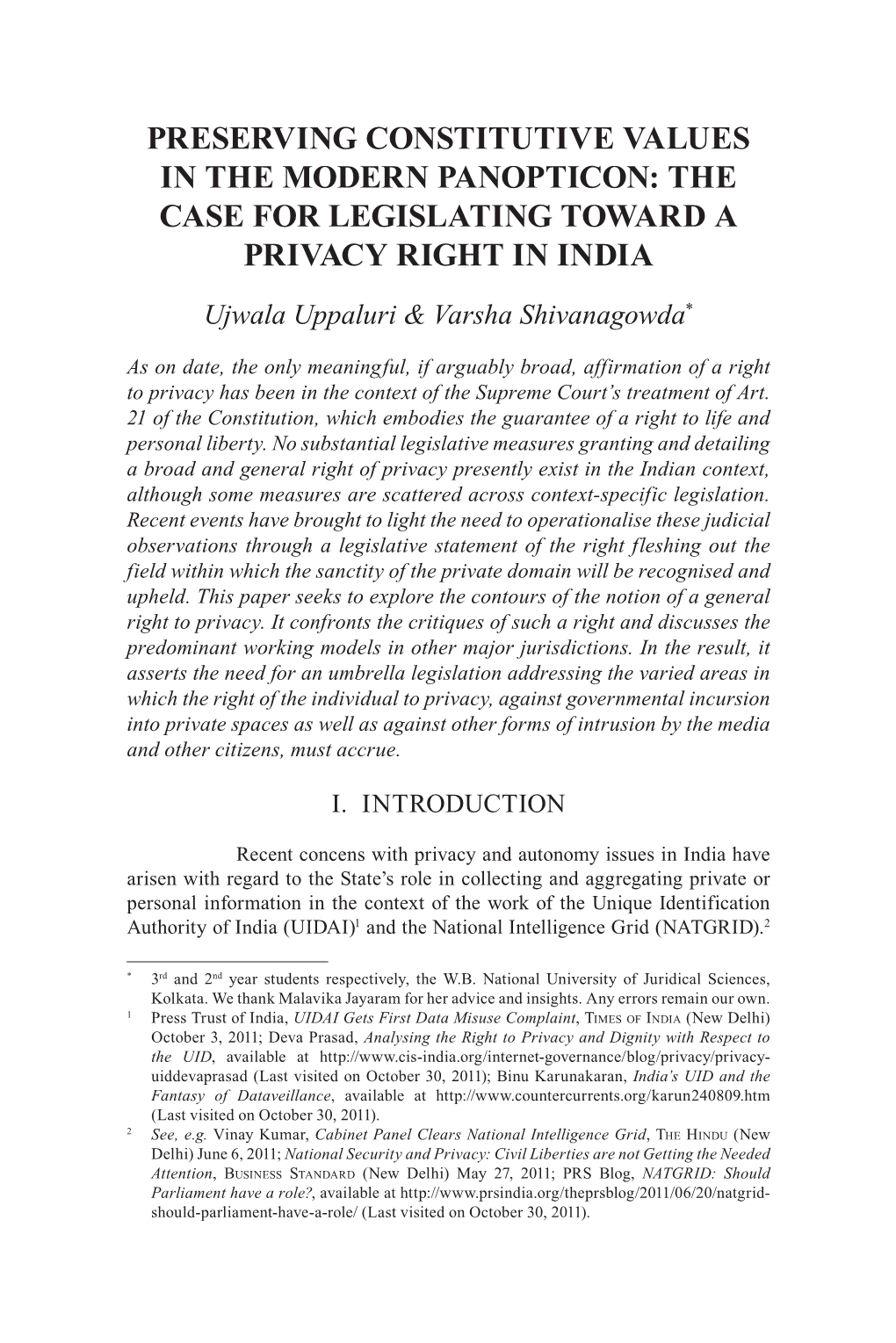 The Case for Legislating Toward a Privacy Right in India