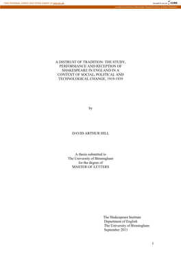 A Distrust of Tradition: the Study, Performance and Reception of Shakespeare in England in a Context of Social, Political and Technological Change, 1919-1939