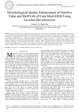 Microbiological Quality Enhancement of Nutritive Value and Shelf-Life of Corn-Meal (OGI) Using Lactobacillus Plantarum