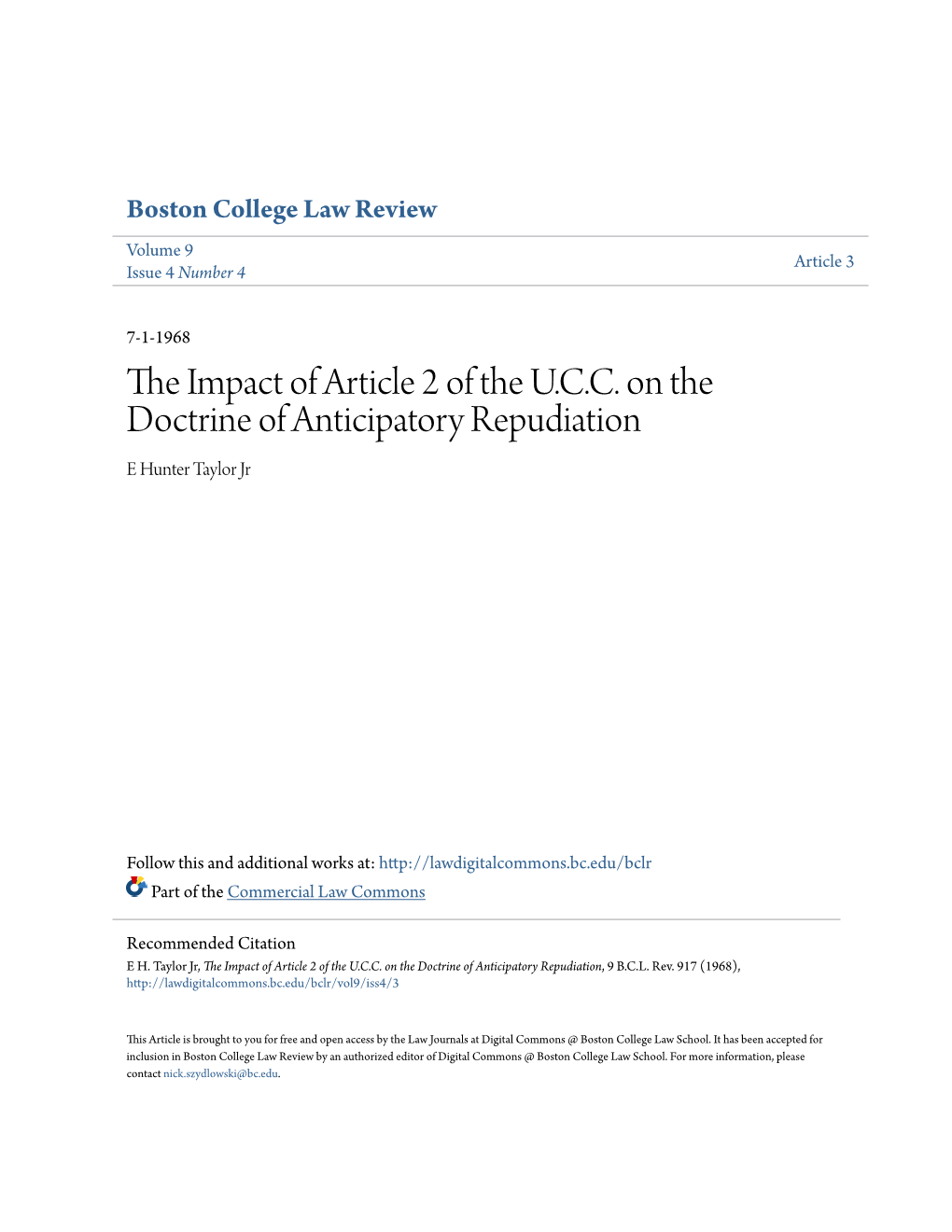 The Impact of Article 2 of the U.C.C. on the Doctrine of Anticipatory Repudiation, 9 B.C.L
