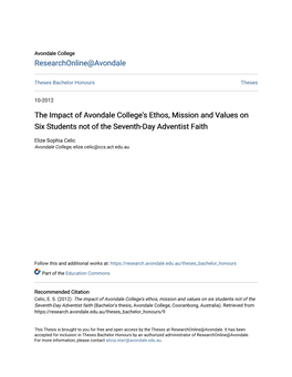 The Impact of Avondale College's Ethos, Mission and Values on Six Students Not of the Seventh-Day Adventist Faith