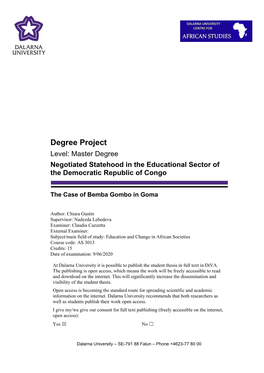 Degree Project Level: Master Degree Negotiated Statehood in the Educational Sector of the Democratic Republic of Congo