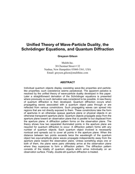 Unified Theory of Wave-Particle Duality, the Schrödinger Equations, and Quantum Diffraction
