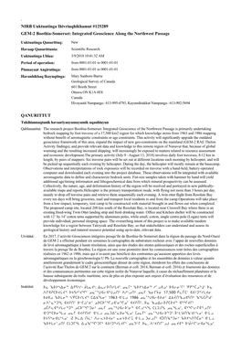 NIRB Uuktuutinga Ihivriuqhikhamut #125289 GEM-2 Boothia-Somerset: Integrated Geoscience Along the Northwest Passage