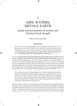 1 AIRS, WATERS, METALS, EARTH People and Environment in Archaic and Classical Greek Thought