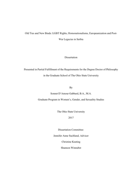 LGBT Rights, Homonationalisms, Europeanization and Post- War Legacies in Serbia Dissertation Presented I