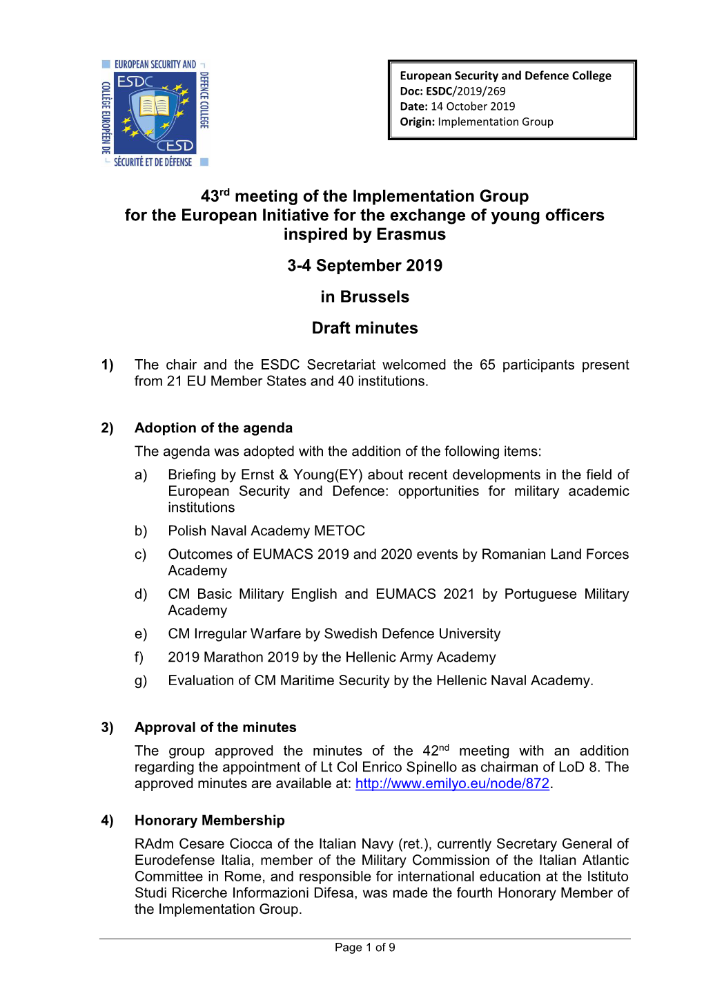 Draft Agenda for the ESDC Executive Academic Board Meeting