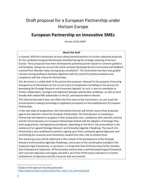 Draft Proposal for a European Partnership Under Horizon Europe European Partnership on Innovative Smes