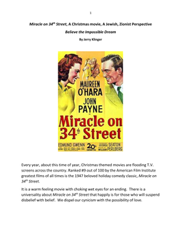 Miracle on 34Th Street, a Christmas Movie, a Jewish, Zionist Perspective Believe the Impossible Dream