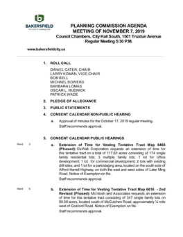 PLANNING COMMISSION AGENDA MEETING of NOVEMBER 7, 2019 Council Chambers, City Hall South, 1501 Truxtun Avenue Regular Meeting 5:30 P.M
