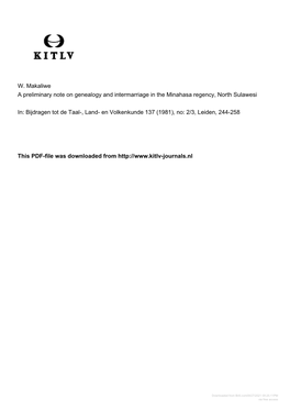 W. Makaliwe a Preliminary Note on Genealogy and Intermarriage in the Minahasa Regency, North Sulawesi