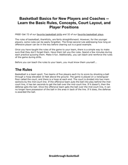 Basketball Basics for New Players and Coaches -- Learn the Basic Rules, Concepts, Court Layout, and Player Positions