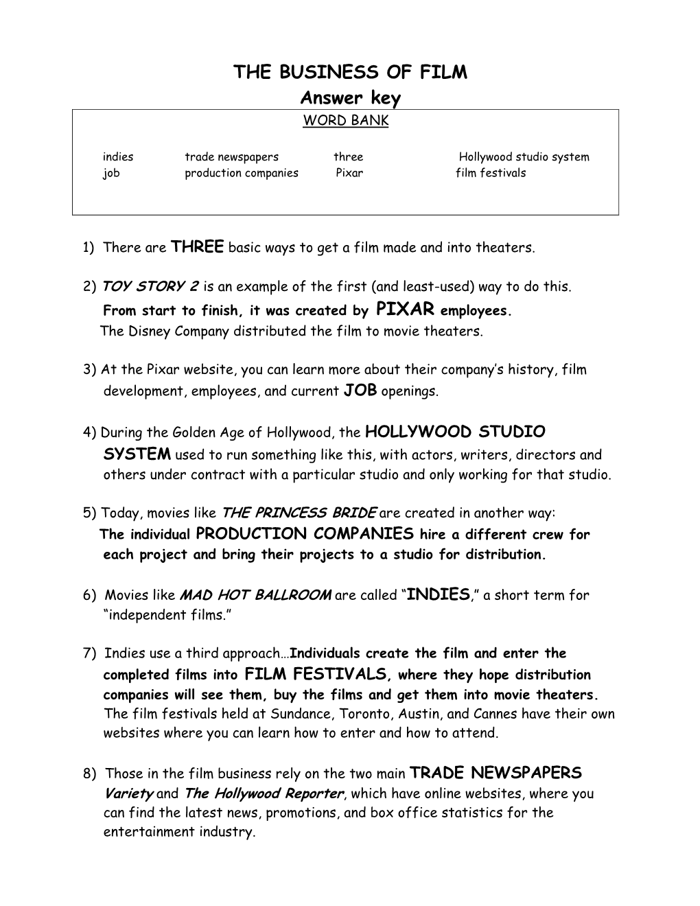 Answer Key the Business of Film