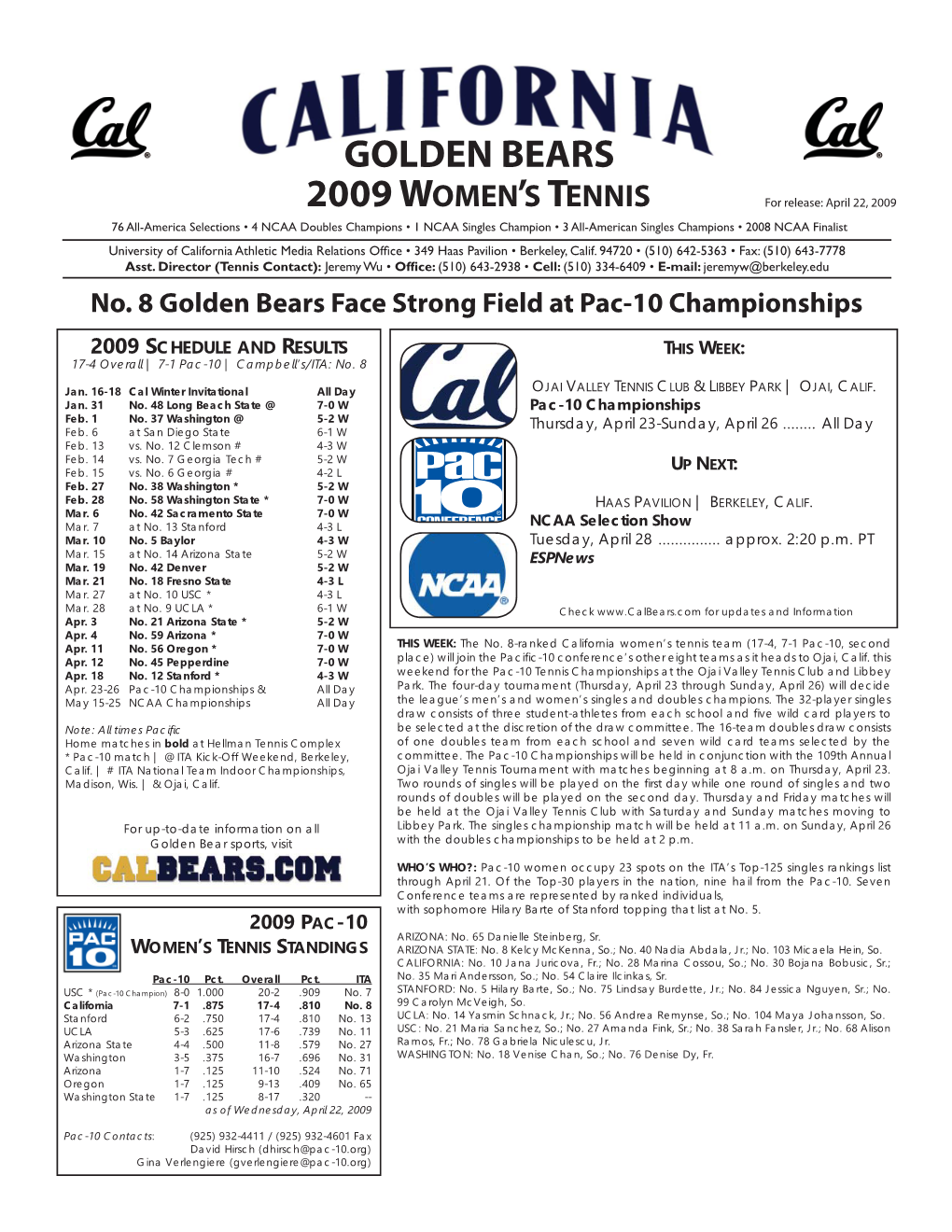 Golden Bears 2009 Women's Tennis