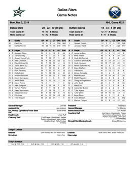 Dallas Stars Game Notes