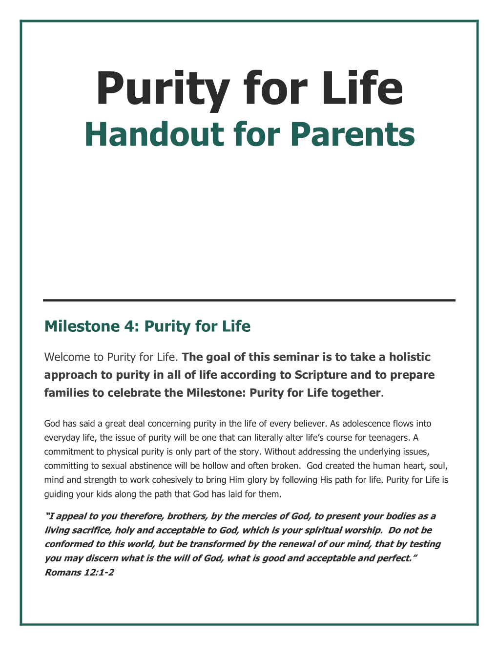 Purity for Life Handout for Parents