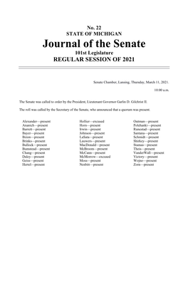 Journal of the Senate 101St Legislature REGULAR SESSION of 2021