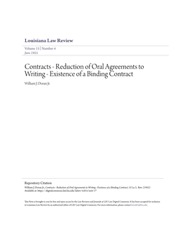 Contracts - Reduction of Oral Agreements to Writing - Existence of a Binding Contract William J