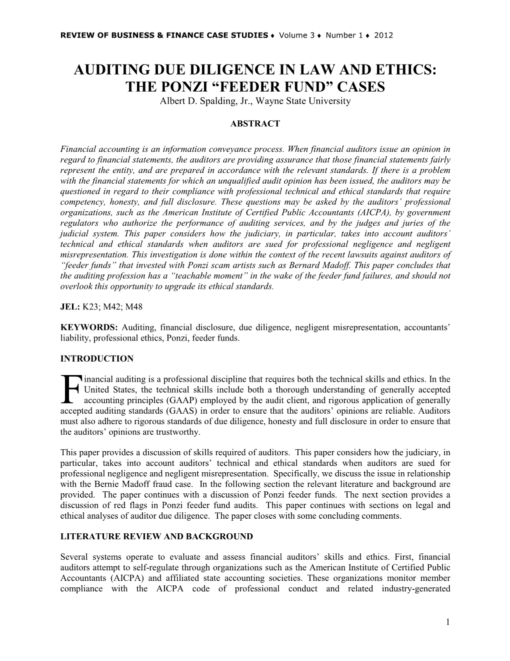 AUDITING DUE DILIGENCE in LAW and ETHICS: the PONZI “FEEDER FUND” CASES Albert D