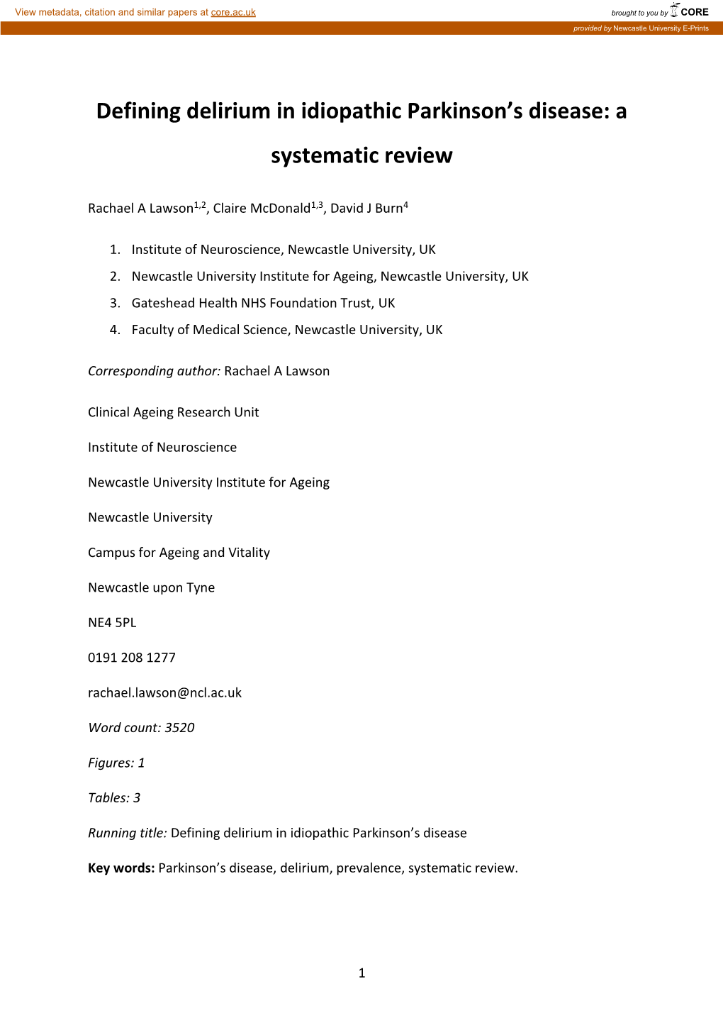 Defining Delirium in Idiopathic Parkinson's Disease