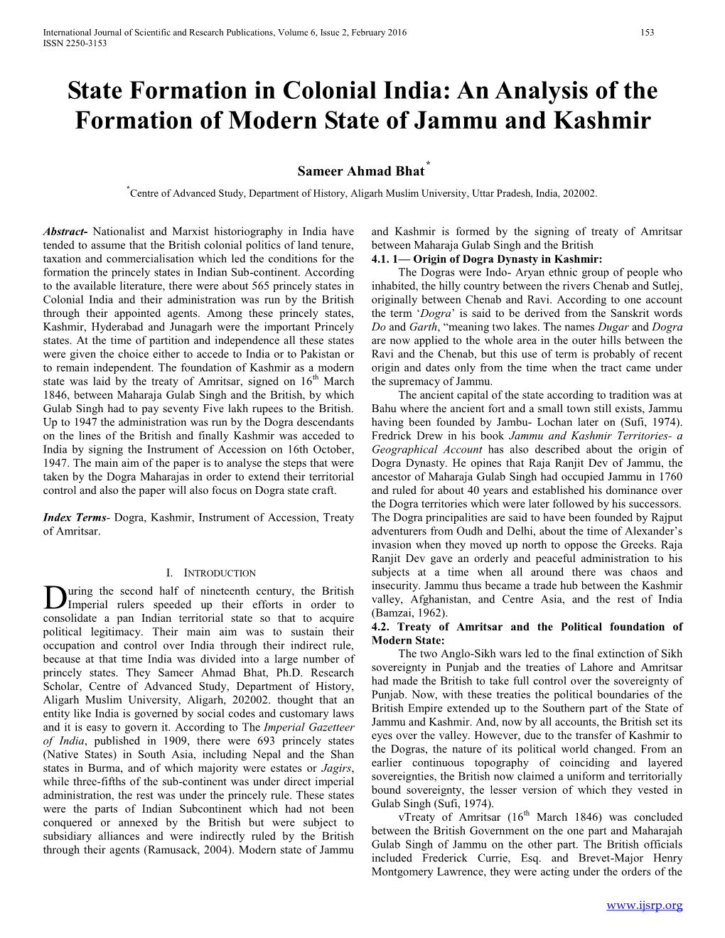 An Analysis of the Formation of Modern State of Jammu and Kashmir