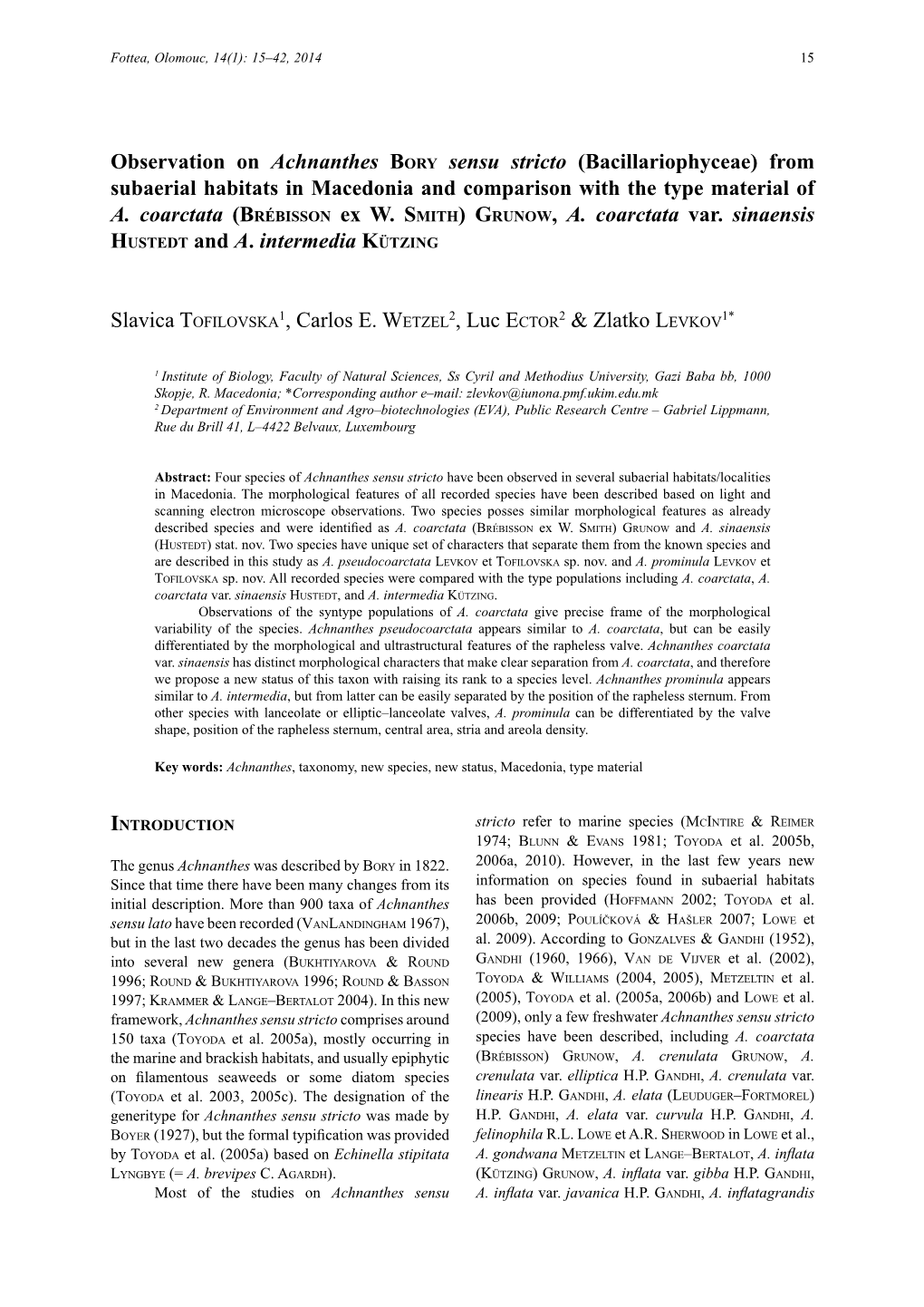 Observation on Achnanthes Bory Sensu Stricto (Bacillariophyceae) from Subaerial Habitats in Macedonia and Comparison with the Type Material of A