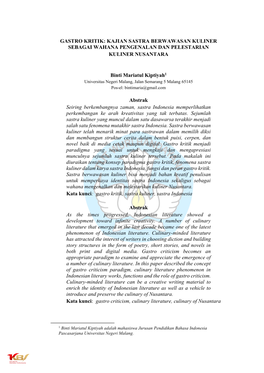 Gastro Kritik: Kajian Sastra Berwawasan Kuliner Sebagai Wahana Pengenalan Dan Pelestarian Kuliner Nusantara