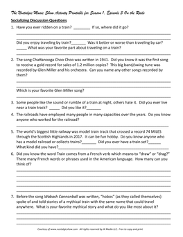 The Nostalgic Music Show Activity Printable for Season 1, Episode 3 on the Rails Socializing Discussion Questions 1