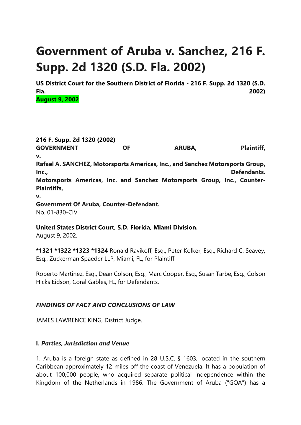 Government of Aruba V. Sanchez, 216 F. Supp. 2D 1320 (S.D. Fla. 2002)