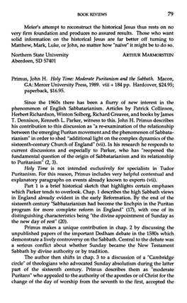 Holy Time: Moderate Puritanism and the Sabbath [Review] / John H. Primus