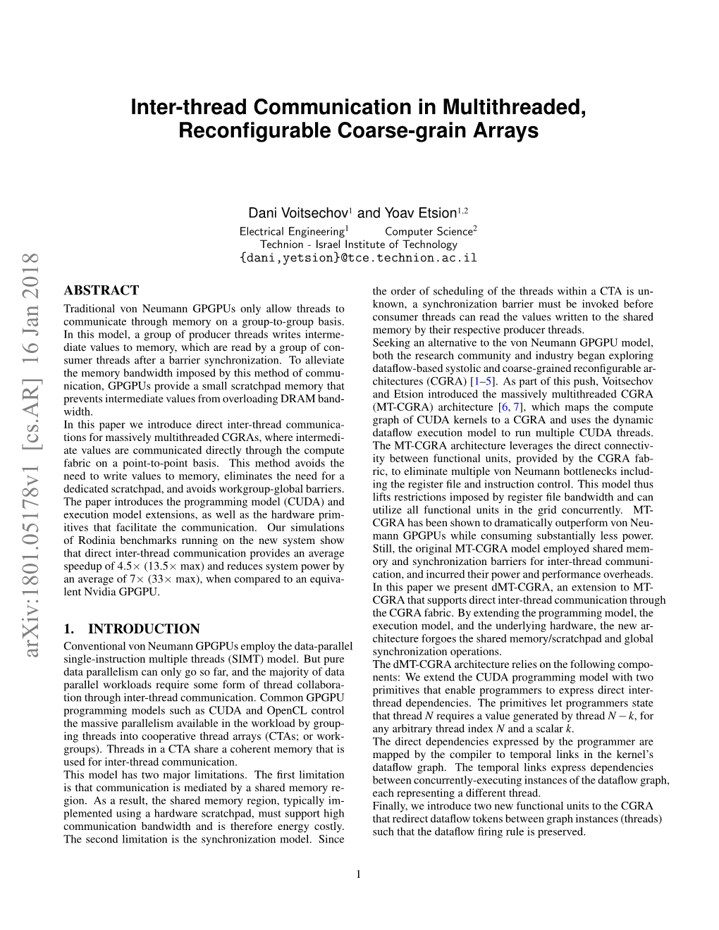 Arxiv:1801.05178V1 [Cs.AR] 16 Jan 2018 Single-Instruction Multiple Threads (SIMT) Model