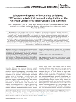 Laboratory Diagnosis of Biotinidase Deficiency, 2017 Update: a Technical Standard and Guideline of the American College of Medical Genetics and Genomics