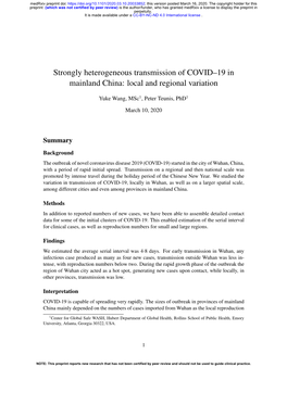 Strongly Heterogeneous Transmission of COVID–19 in Mainland China: Local and Regional Variation