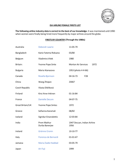 ISA AIRLINE FEMALE FIRSTS LIST the Following Airline Industry Data Is