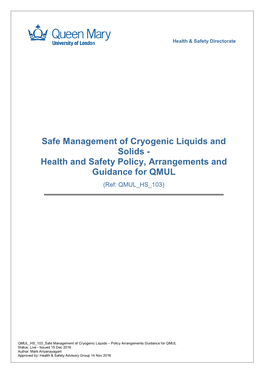 Cryogenic Liquids Solids QMUL HS Policy Arrangements Guidance