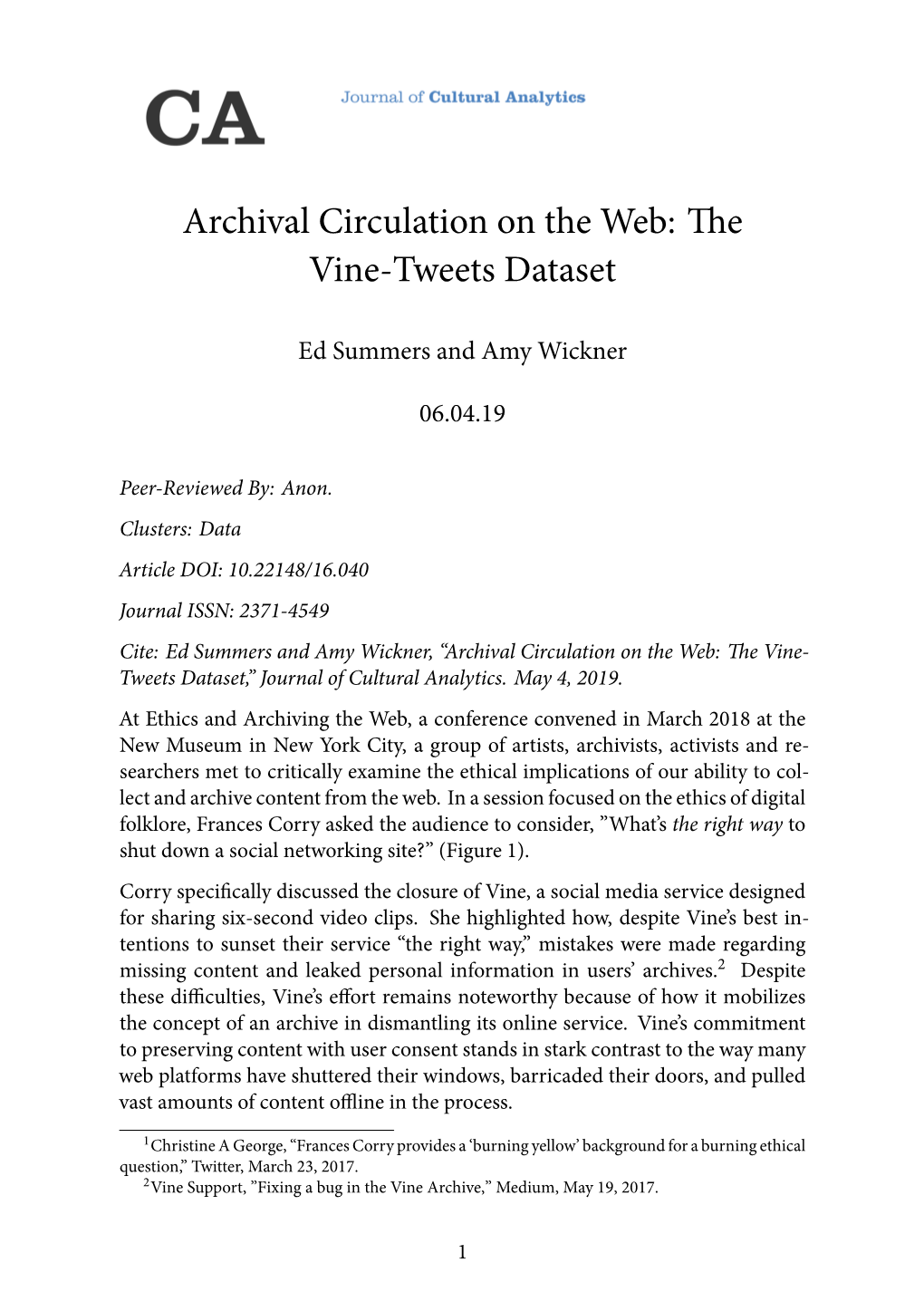 Archival Circulation on the Web: the Vine-Tweets Dataset