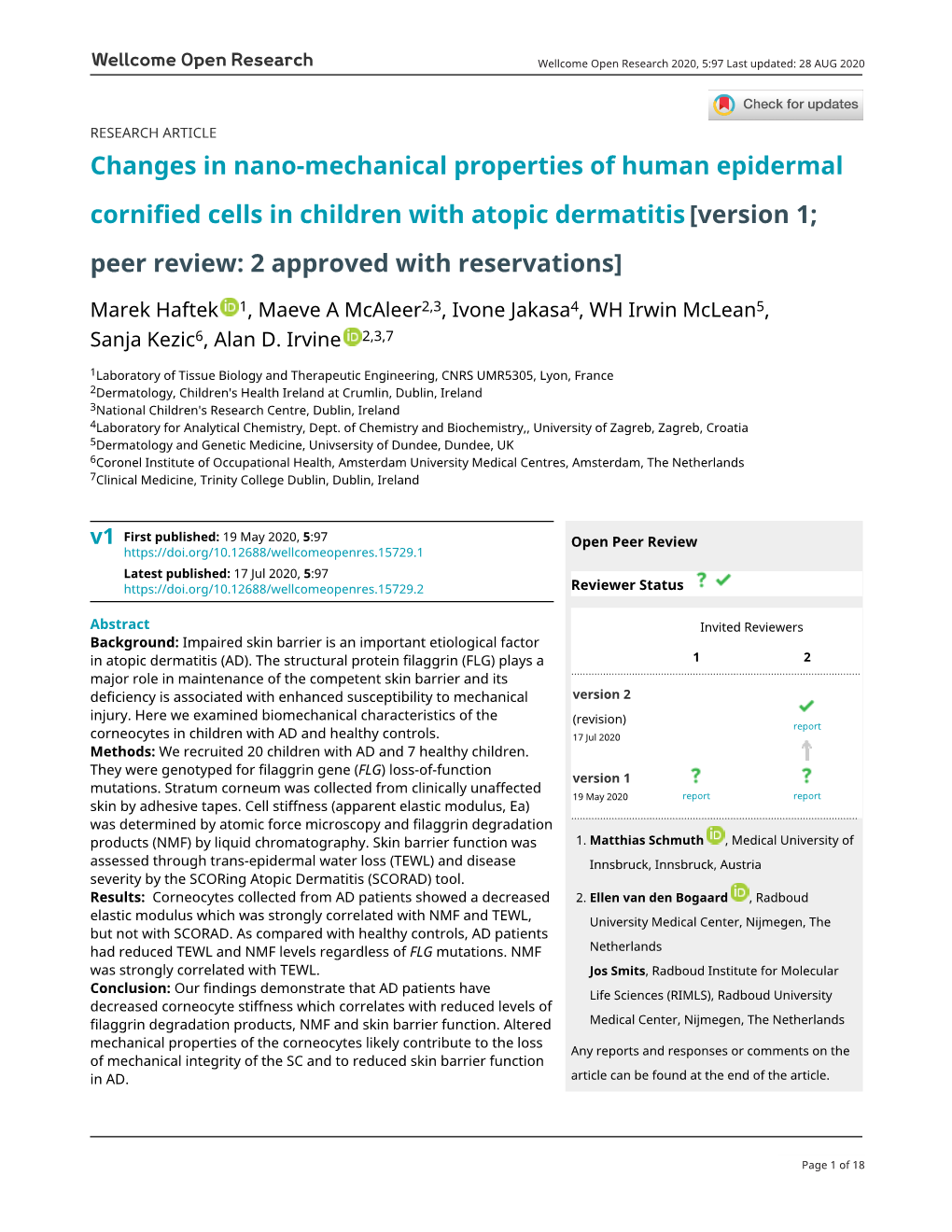 Changes in Nano-Mechanical Properties of Human Epidermal Cornified Cells in Children with Atopic Dermatitis [Version 1; Peer Review: 2 Approved with Reservations]